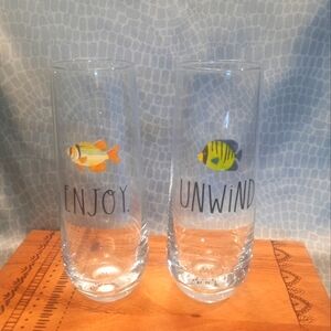 Rae Dunn Stemless Flute Glasses Fish Vacation Theme, Enjoy & Unwind ~ Set of 2
